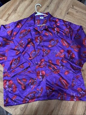 Purple Satin Button-Up Shirt with Red Hat Print